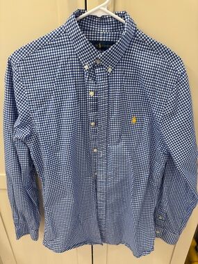 Ralph Lauren Blue & White Gingham Button-Down Shirt with Yellow Pony Logo
